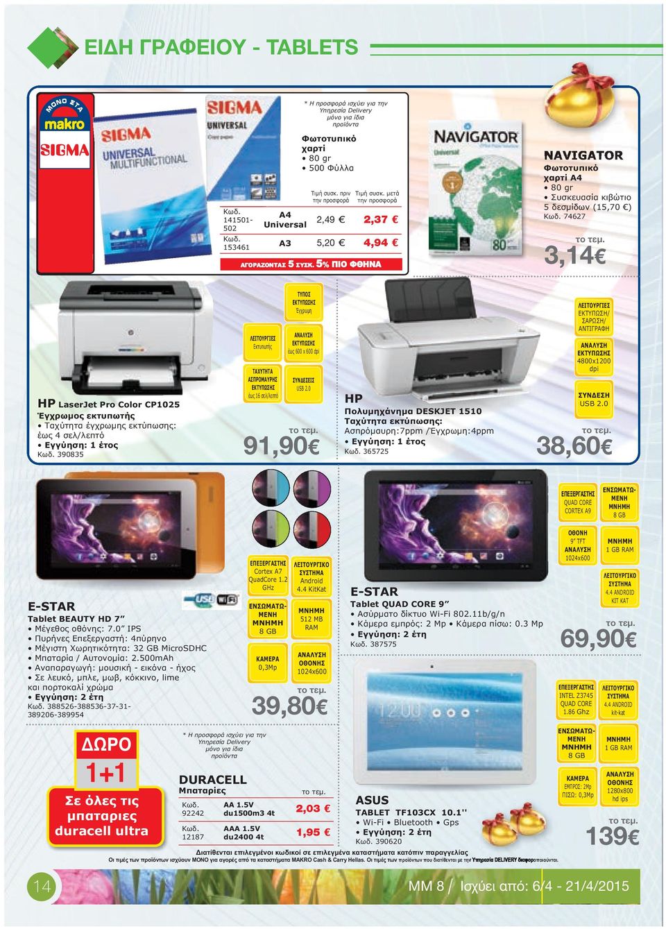 5% ΠΙΟ ΦΘΗΝΑ NAVIGATOR Φωτοτυπικό χαρτί Α4 80 gr Συσκευασία κιβώτιο 5 δεσµίδων (15,70 ) 74627 3,14 HP LaserJet Pro Color CP1025 Έγχρωµος εκτυπωτής Ταχύτητα έγχρωµης εκτύπωσης: έως 4 σελ/λεπτό