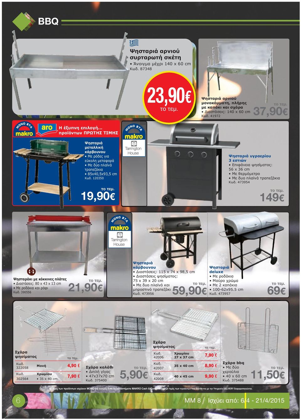 Με θερµόµετρο Με δυο πλαϊνά τραπεζάκια 473954 149 Ψησταράκι µε κόκκινες πλάτες ιαστάσεις: 80 x 43 x 13 cm Mε ροδάκια και ράφι 390556 21,90 Ψησταριά κάρβουνου ιαστάσεις: 115 x 74 x 98,5 cm ιαστάσεις