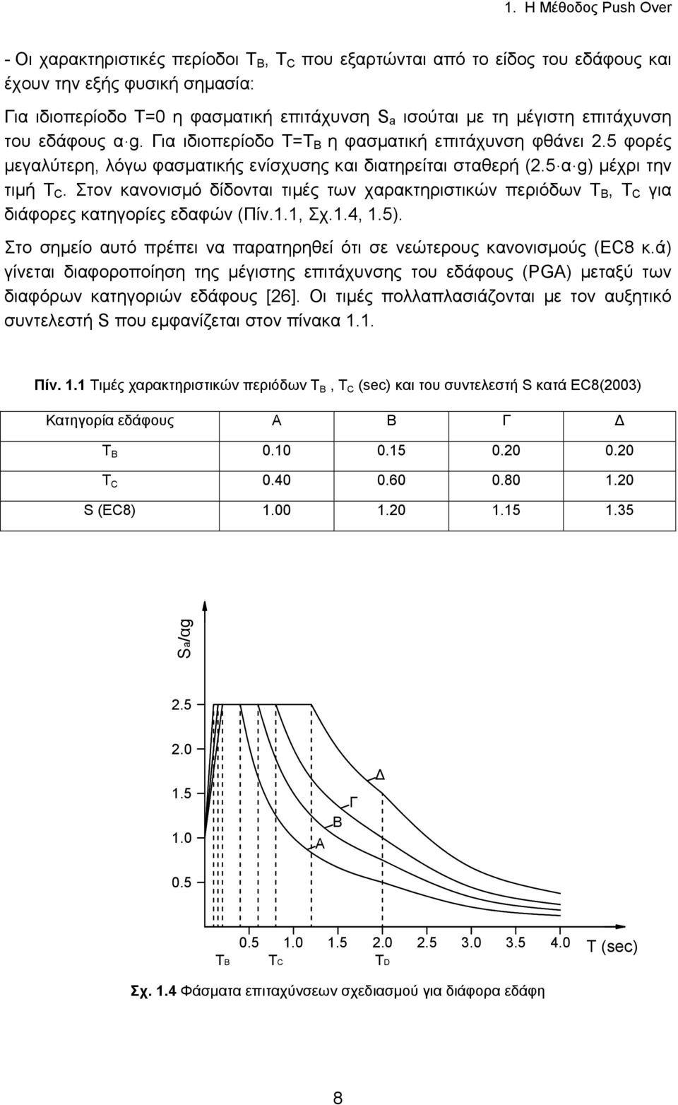 Στον κανονισµό δίδονται τιµές των χαρακτηριστικών περιόδων Τ B, Τ C για διάφορες κατηγορίες εδαφών (Πίν.1.1, Σχ.1.4, 1.5). Στο σηµείο αυτό πρέπει να παρατηρηθεί ότι σε νεώτερους κανονισµούς (EC8 κ.
