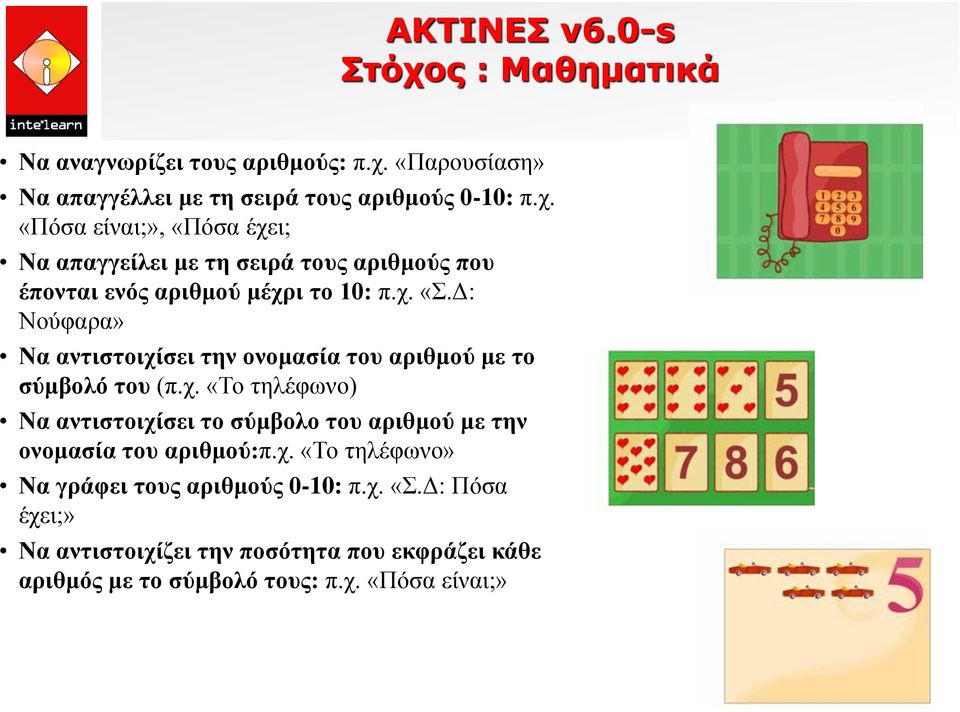 χ. «Το τηλέφωνο» Να γράφει τους αριθμούς 0-10: π.χ. «Σ.