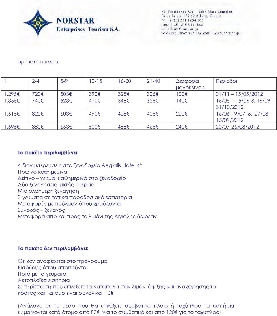 595 880 663 500 488 465 240 20/07-26/08/2012 Το πακέτο περιλαµβάνει: 4 διανυκτερεύσεις στο ξενοδοχείο Aegialis Hotel 4* Πρωινό καθηµερινά είπνο γεύµα καθηµερινά στο ξενοδοχείο ύο ξεναγήσεις µισής