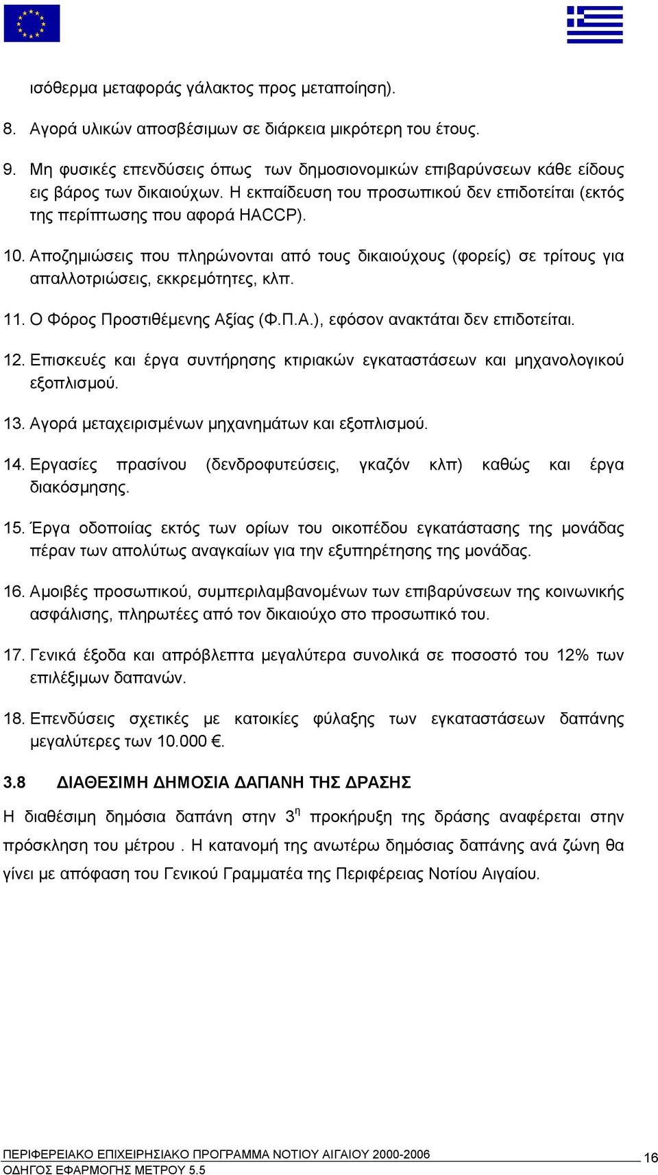 Αποζημιώσεις που πληρώνονται από τους δικαιούχους (φορείς) σε τρίτους για απαλλοτριώσεις, εκκρεμότητες, κλπ. 11. Ο Φόρος Προστιθέμενης Αξίας (Φ.Π.Α.), εφόσον ανακτάται δεν επιδοτείται. 12.