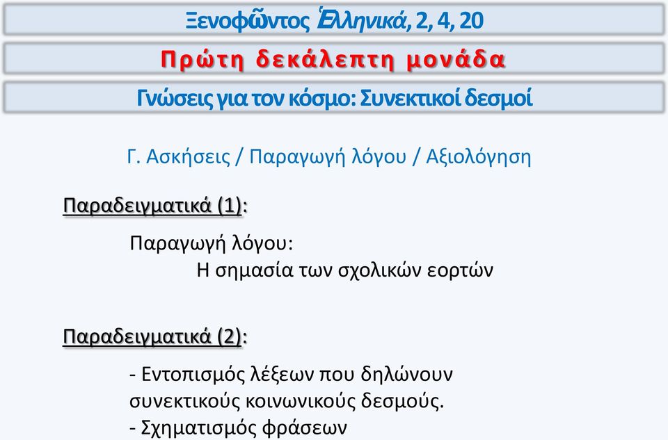 Ἑλληνικά, 2, 4, 20 Παραγωγή λόγου: Η σημασία των σχολικών εορτών