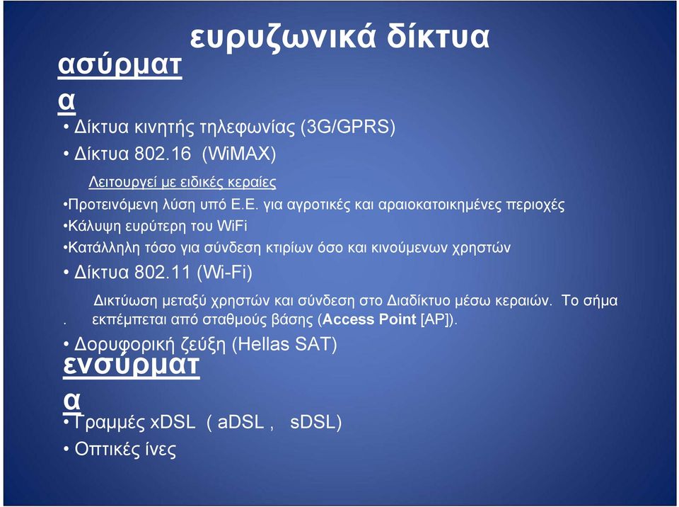 Ε. για αγροτικές και αραιοκατοικημένες περιοχές Κάλυψη ευρύτερη του WiFi Κατάλληλη τόσο για σύνδεση κτιρίων όσο και