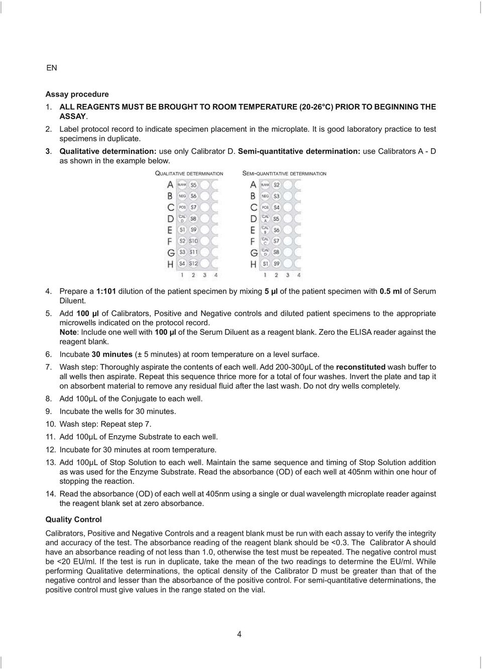 Semi-quantitative determination: use Calibrators A - D as shown in the example below. QUALITATIVE DETERMINATION SEMI-QUANTITATIVE DETERMINATION 4.