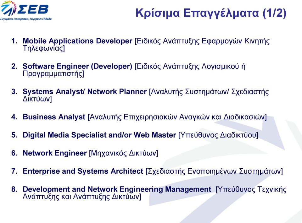 Systems Analyst/ Network Planner [Αναλυτής Συστημάτων/ Σχεδιαστής Δικτύων] 4. Business Analyst [Αναλυτής Επιχειρησιακών Αναγκών και Διαδικασιών] 5.