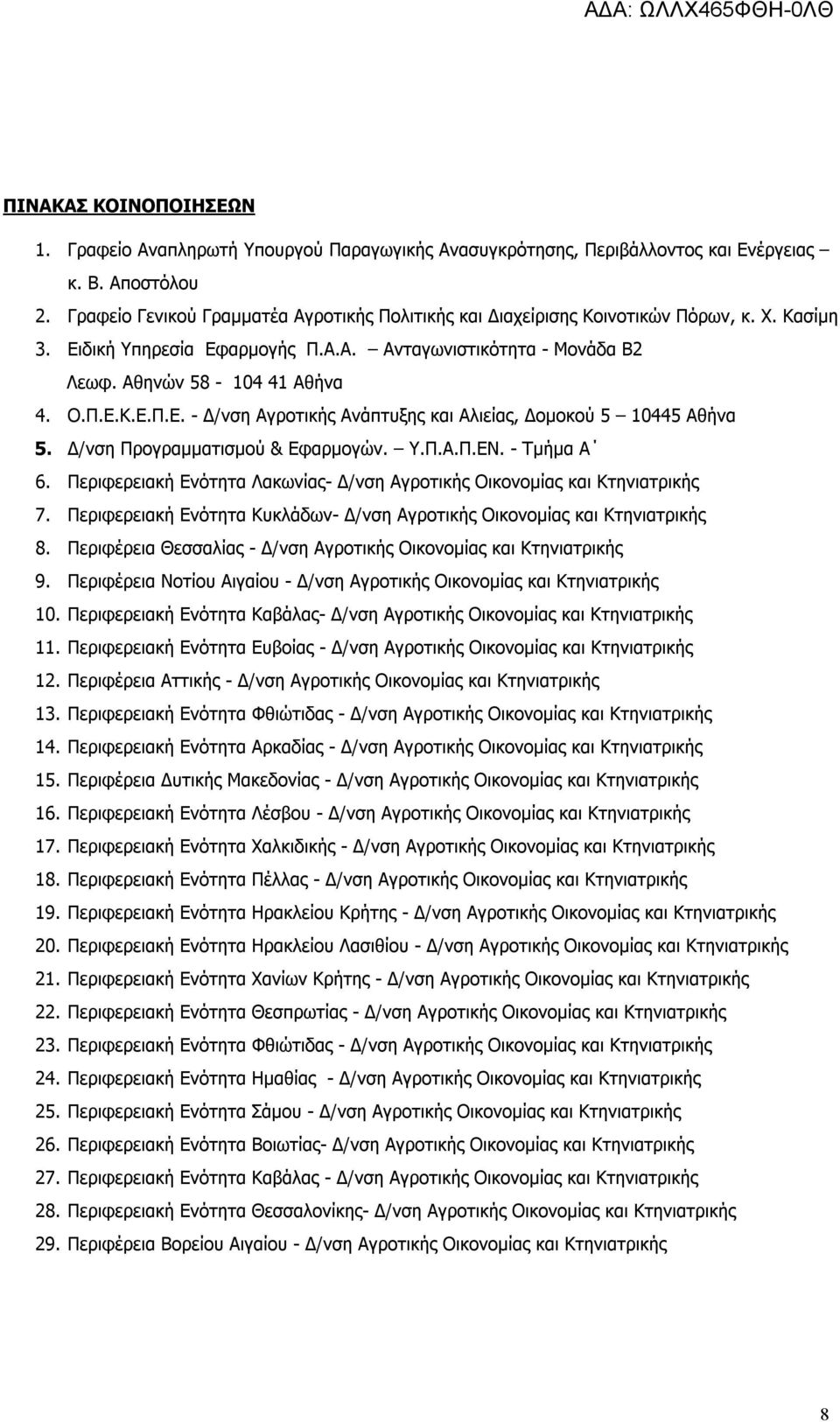 Δ/νση Προγραμματισμού & Εφαρμογών. Υ.Π.Α.Π.ΕΝ. - Τμήμα Α 6. Περιφερειακή Ενότητα Λακωνίας- Δ/νση Αγροτικής Οικονομίας και Κτηνιατρικής 7.