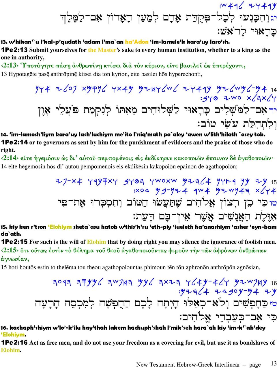 13 Hypotag te pasÿ anthr pinÿ ktisei dia ton kyrion, eite basilei h s hyperechonti, OE@ ILRs ZNWPL ]x@n MIGhLyL Ih@Xm MIL[oL-M@ 14 :A]H I\R ZnDZLE ¼ ¾P œµ ¹ ŸU¹ ¹ E Vµ E š J ¹ ¾Lµ - ¹ :ƒÿš ¾ œµk¹ œ¹