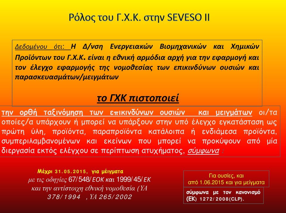 ουσιών και μειγμάτων οι/τα οποίες/α υπάρχουν ή μπορεί να υπάρξουν στην υπό έλεγχο εγκατάσταση ως πρώτη ύλη, προϊόντα, παραπροϊόντα κατάλοιπα ή ενδιάμεσα προϊόντα, συμπεριλαμβανομένων και εκείνων