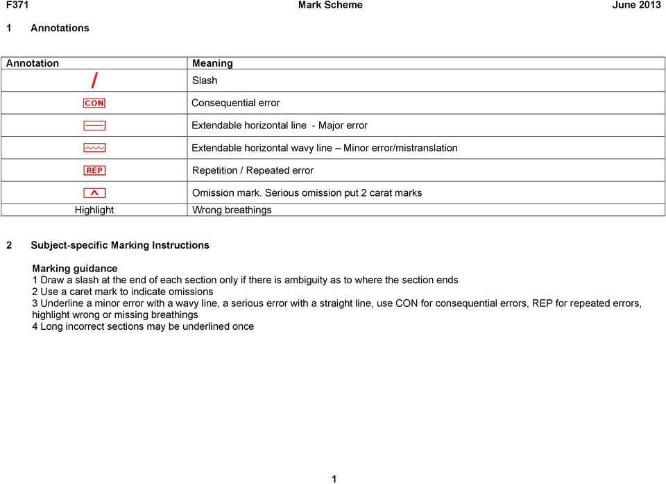 Serious omission put 2 carat marks Wrong breathings 2 Subject-specific Marking Instructions Marking guidance 1 Draw a slash at the end of each section only if there is