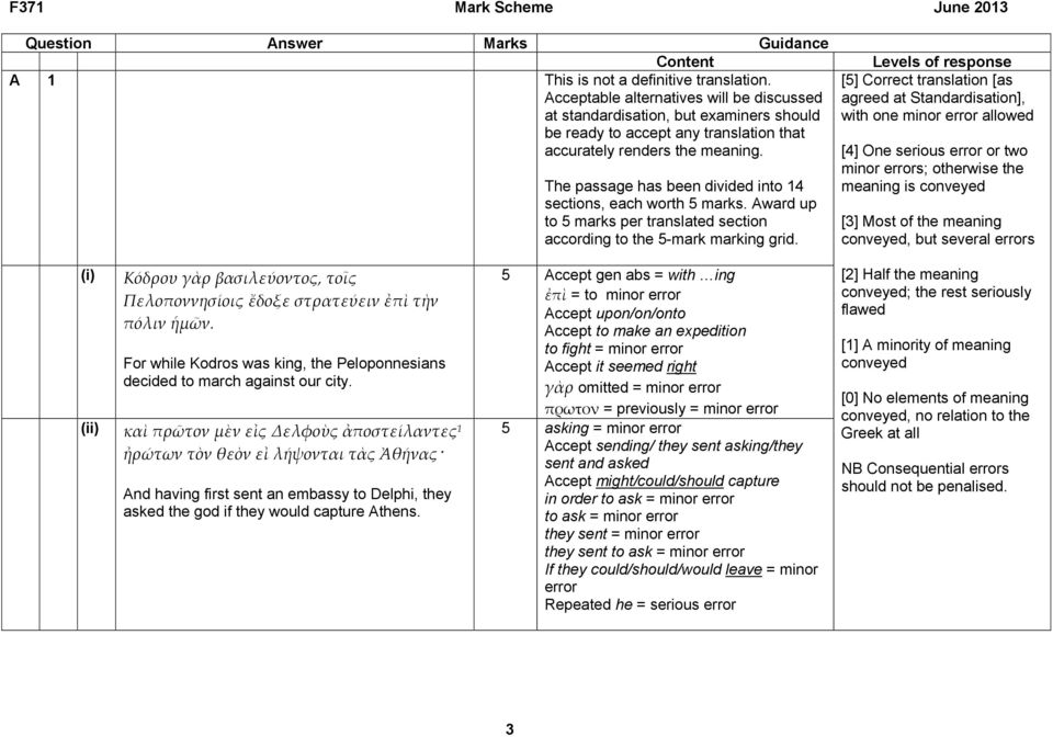 [5] Correct translation [as agreed at Standardisation], with one minor error allowed [4] One serious error or two minor errors; otherwise the meaning is conveyed [3] Most of the meaning conveyed, but