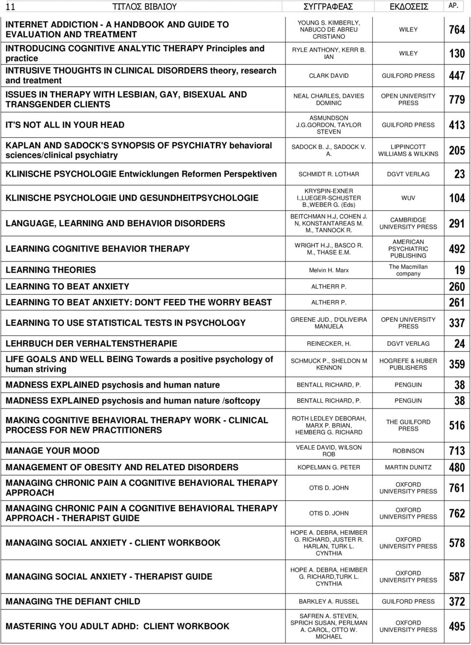 KIMBERLY, NABUCO DE ABREU CRISTIANO RYLE ANTHONY, KERR B. IAN WILEY 764 WILEY 130 CLARK DAVID GUILFORD PRESS 447 NEAL CHARLES, DAVIES DOMINIC ASMUNDSON J.G.GORDON, TAYLOR STEVEN SADOCK B. J., SADOCK V.
