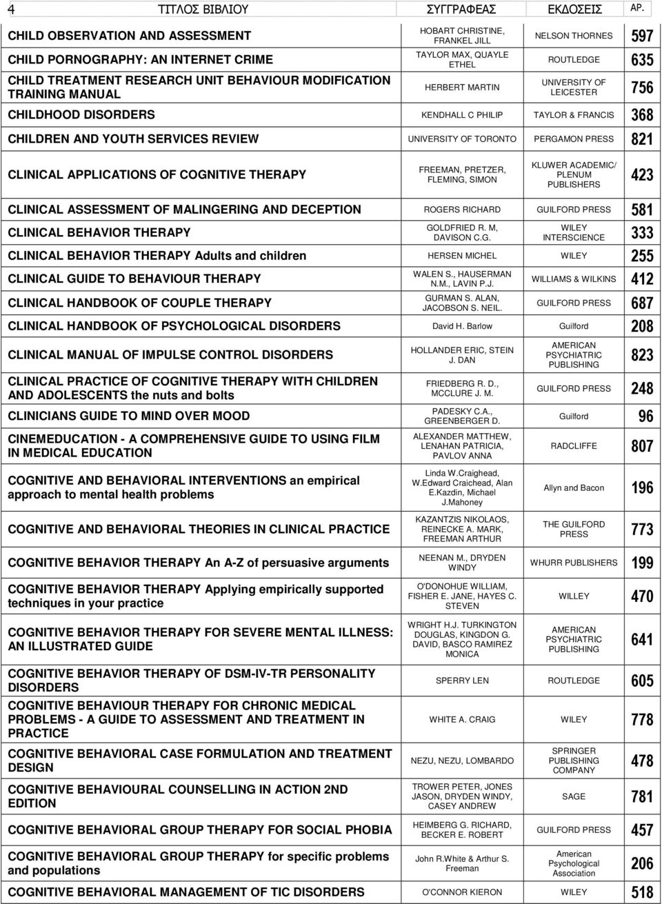 PERGAMON PRESS 821 CLINICAL APPLICATIONS OF COGNITIVE THERAPY FREEMAN, PRETZER, FLEMING, SIMON KLUWER ACADEMIC/ PLENUM PUBLISHERS 423 CLINICAL ASSESSMENT OF MALINGERING AND DECEPTION ROGERS RICHARD