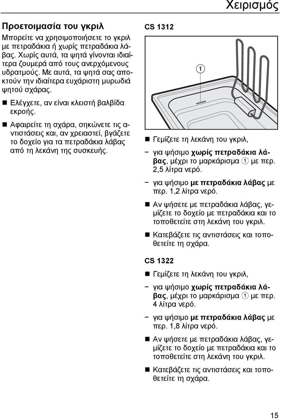 Αφαιρείτε τη σχάρα, σηκώνετε τις α- ντιστάσεις και, αν χρειαστεί, βγάζετε το δοχείο για τα πετραδάκια λάβας από τη λεκάνη της συσκευής.