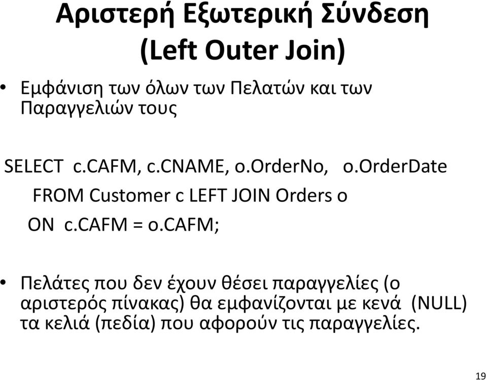 orderdate FROM Customer c LEFT JOIN Orders o ON c.cafm = o.