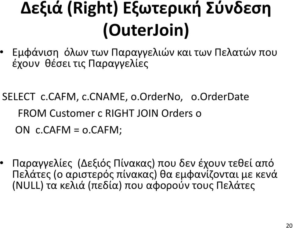 orderdate FROM Customer c RIGHT JOIN Orders o ON c.cafm = o.