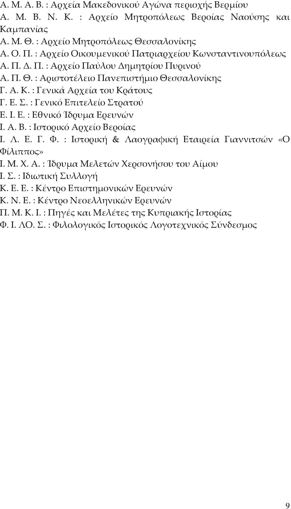 : Γενικό Επιτελείο Στρατού Ε. Ι. Ε. : Εθνικό Ίδρυμα Ερευνών Ι. Α. Β. : Ιστορικό Αρχείο Βεροίας Ι. Λ. Ε. Γ. Φ. : Ιστορική & Λαογραφική Εταιρεία Γιαννιτσών «Ο Φίλιππος» Ι. Μ. Χ. Α. : Ίδρυμα Μελετών Χερσονήσου του Αίμου Ι.