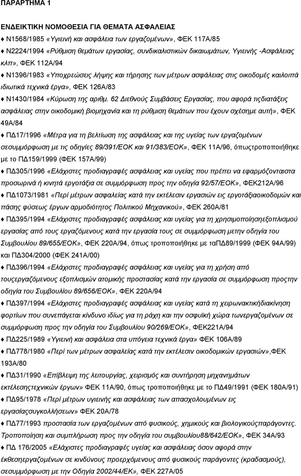 62 Διεθνούς Συμβάσεις Εργασίας, που αφορά τιςδιατάξεις ασφάλειας στην οικοδομική βιομηχανία και τη ρύθμιση θεμάτων που έχουν σχέσημε αυτή», ΦΕΚ 49Α/84 ΠΔ17/1996 «Μέτρα για τη βελτίωση της ασφάλειας