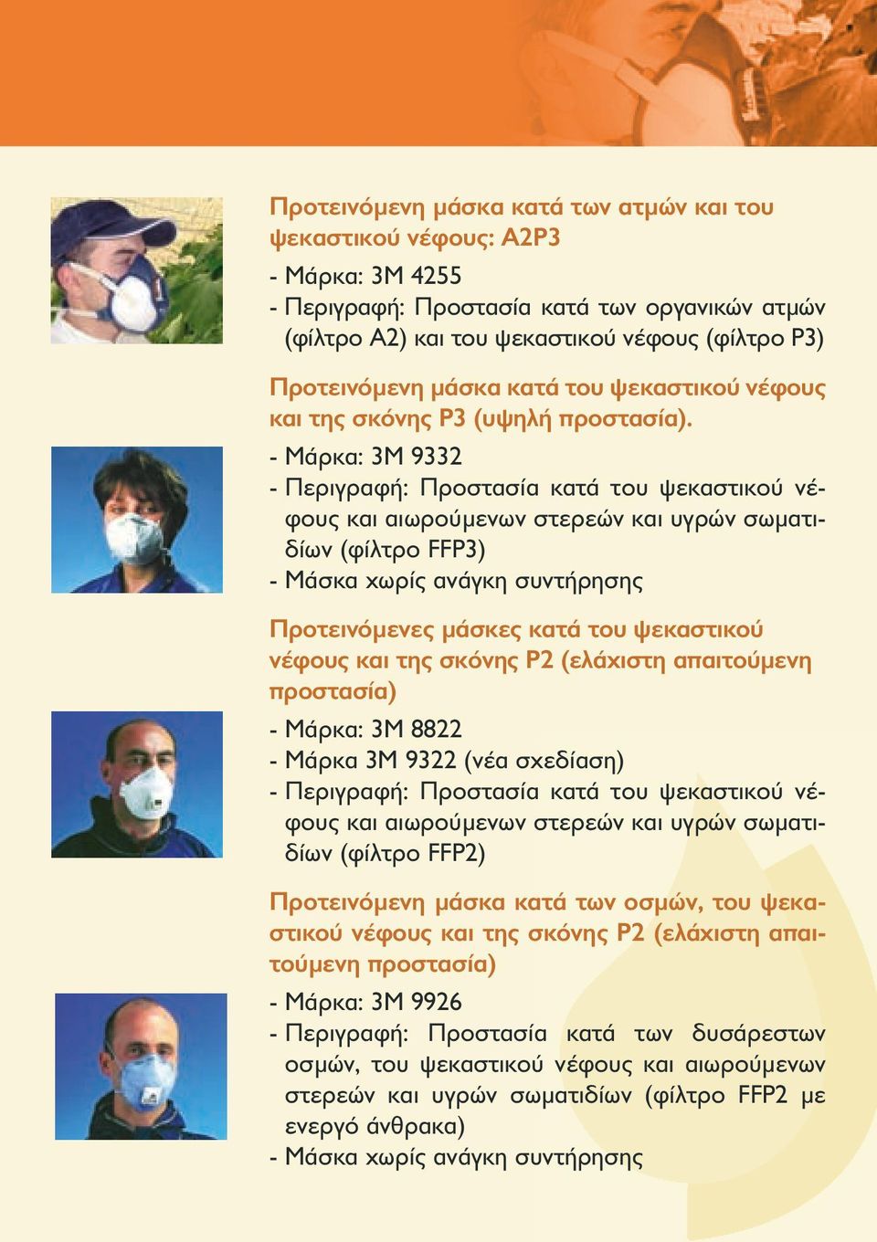 - Μάρκα: 3Μ 9332 - Περιγραφή: Προστασία κατά του ψεκαστικού νέφους και αιωρούμενων στερεών και υγρών σωματιδίων (φίλτρο FFP3) - Μάσκα χωρίς ανάγκη συντήρησης Προτεινόμενες μάσκες κατά του ψεκαστικού