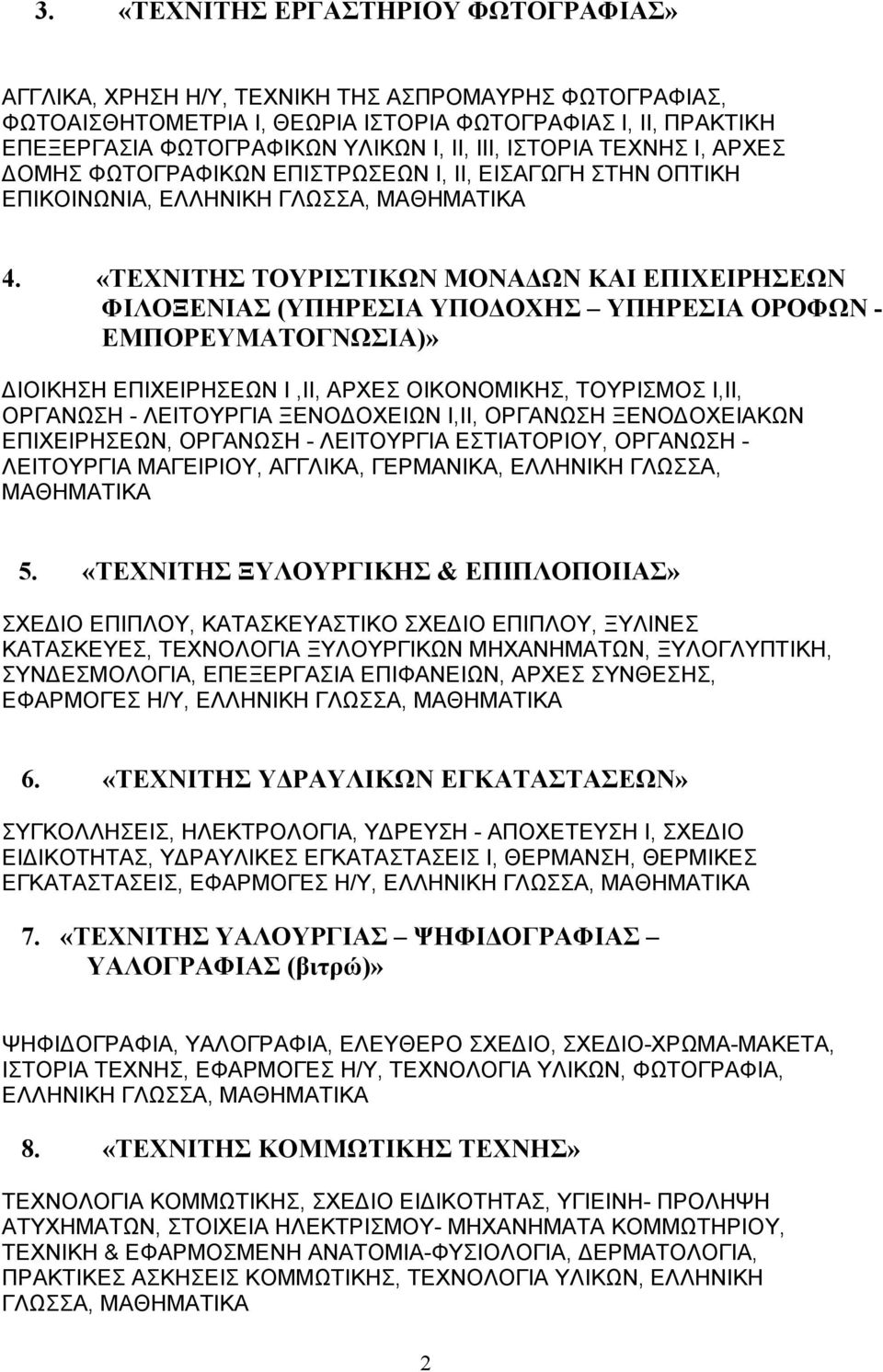 «ΤΕΧΝΙΤΗΣ ΤΟΥΡΙΣΤΙΚΩΝ ΜΟΝΑ ΩΝ ΚΑΙ ΕΠΙΧΕΙΡΗΣΕΩΝ ΦΙΛΟΞΕΝΙΑΣ (ΥΠΗΡΕΣΙΑ ΥΠΟ ΟΧΗΣ ΥΠΗΡΕΣΙΑ ΟΡΟΦΩΝ - ΕΜΠΟΡΕΥΜΑΤΟΓΝΩΣΙΑ)» ΙΟΙΚΗΣΗ ΕΠΙΧΕΙΡΗΣΕΩΝ Ι,ΙΙ, ΑΡΧΕΣ ΟΙΚΟΝΟΜΙΚΗΣ, ΤΟΥΡΙΣΜΟΣ Ι,ΙΙ, ΟΡΓΑΝΩΣΗ - ΛΕΙΤΟΥΡΓΙΑ