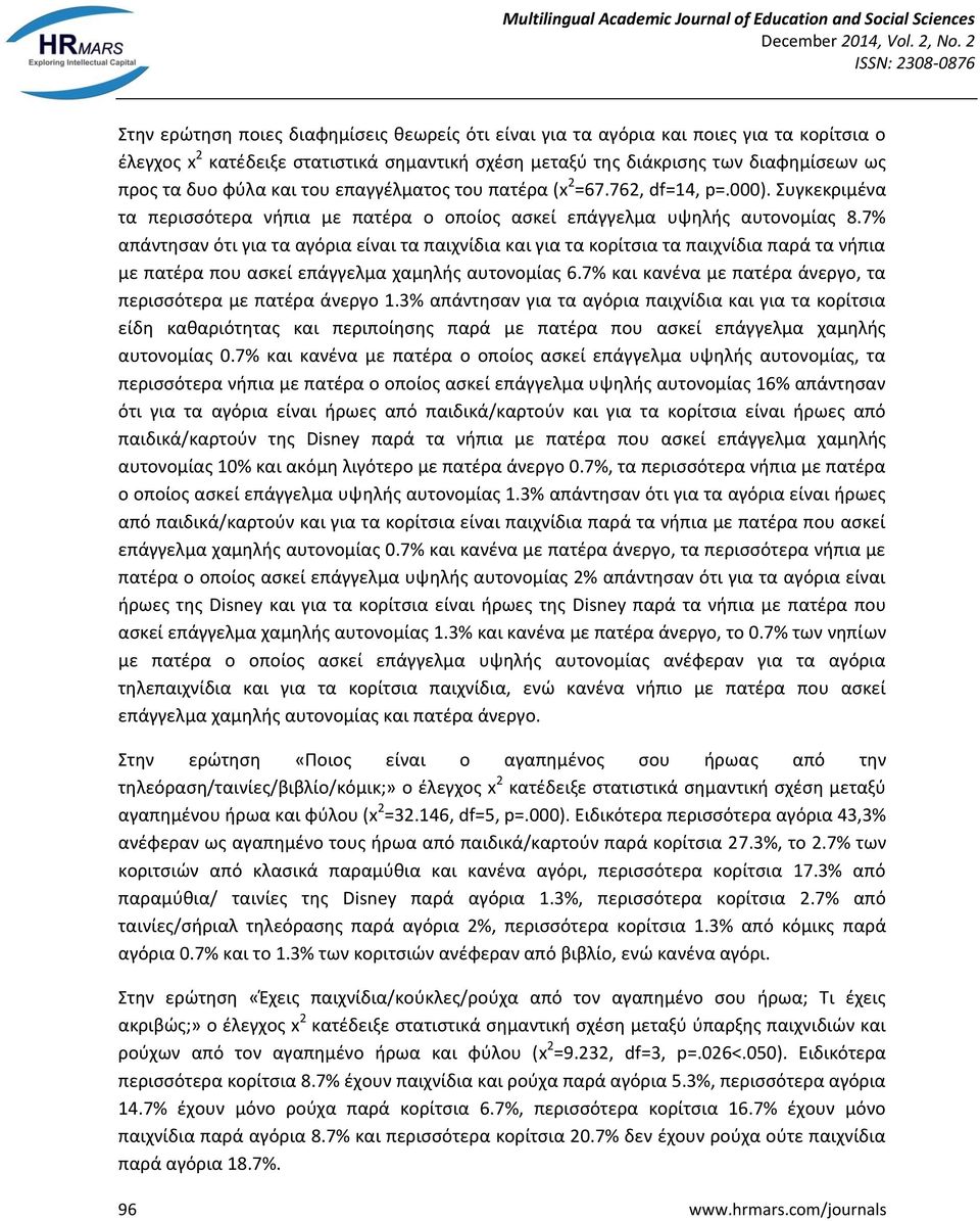 7% απάντησαν ότι για τα αγόρια είναι τα παιχνίδια και για τα κορίτσια τα παιχνίδια παρά τα νήπια με πατέρα που ασκεί επάγγελμα χαμηλής αυτονομίας 6.