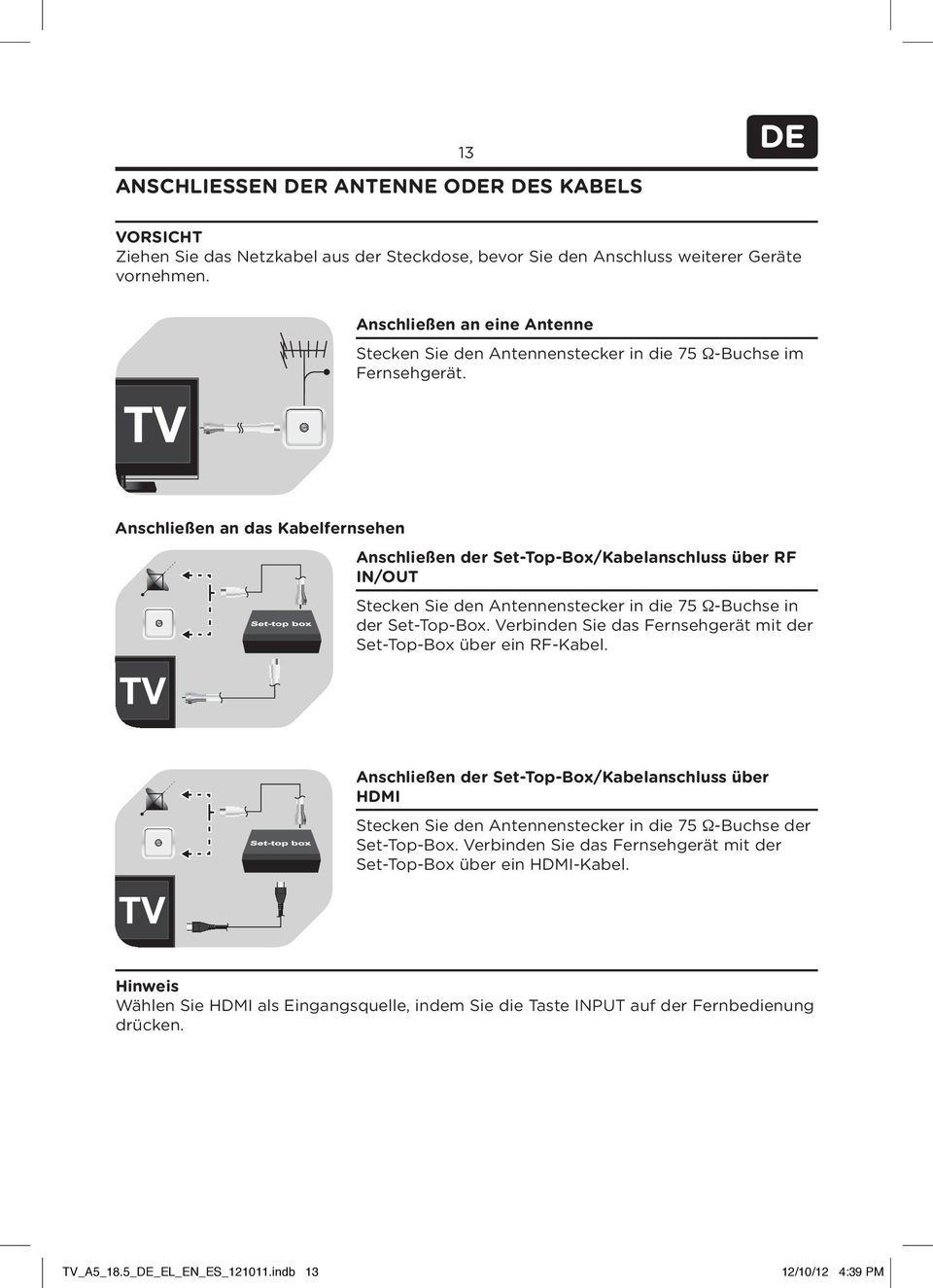Anschließen an das Kabelfernsehen Anschließen der Set-Top-Box/Kabelanschluss über RF IN/OUT Stecken Sie den Antennenstecker in die 75 Ω-Buchse in der Set-Top-Box.