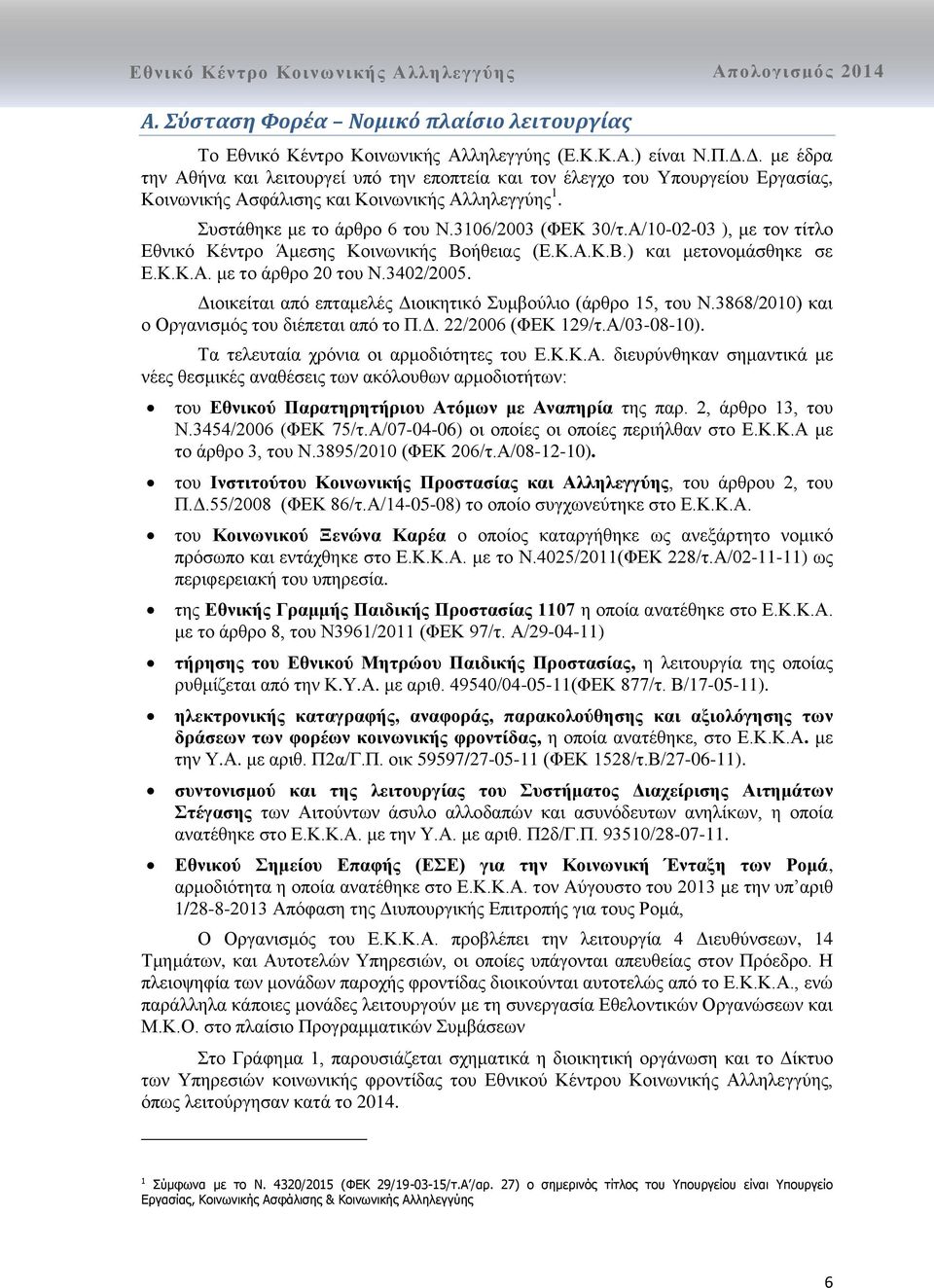 Α/10-02-03 ), με τον τίτλο Εθνικό Κέντρο Άμεσης Κοινωνικής Βοήθειας (Ε.Κ.Α.Κ.Β.) και μετονομάσθηκε σε Ε.Κ.Κ.Α. με το άρθρο 20 του Ν.3402/2005.