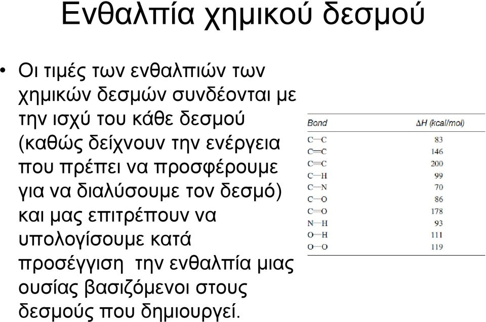 προσφέρουμε για να διαλύσουμε τον δεσμό) και μας επιτρέπουν να υπολογίσουμε