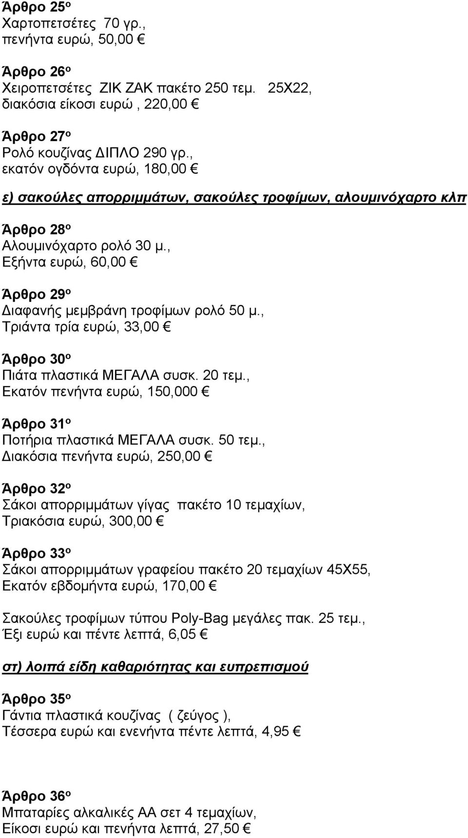 , Τριάντα τρία ευρώ, 33,00 Άρθρο 30 ο Πιάτα πλαστικά ΜΕΓΑΛΑ συσκ. 20 τεμ., Εκατόν πενήντα ευρώ, 150,000 Άρθρο 31 ο Ποτήρια πλαστικά ΜΕΓΑΛΑ συσκ. 50 τεμ.