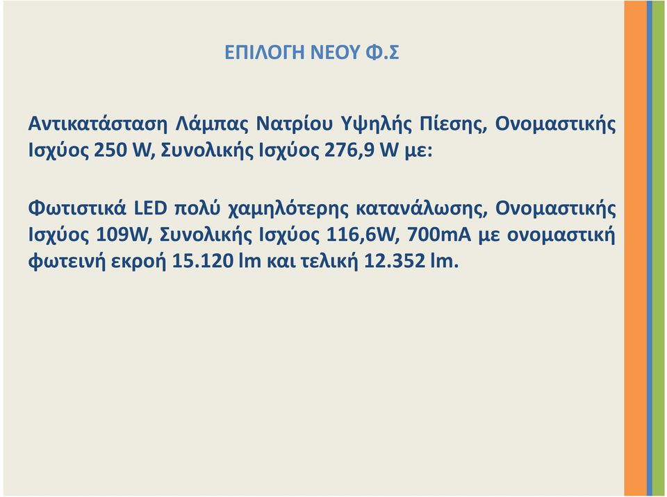 W, Συνολικής Ισχύος 276,9 W με: Φωτιστικά LED πολύ χαμηλότερης