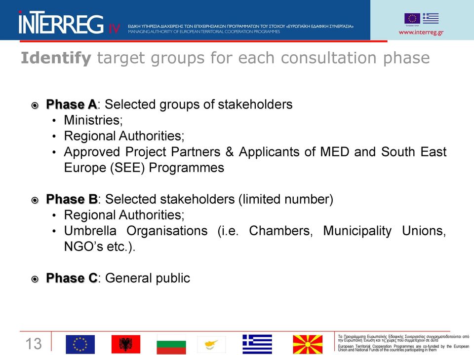 Europe (SEE) Programmes Phase B: Selected stakeholders (limited number) Regional Authorities;