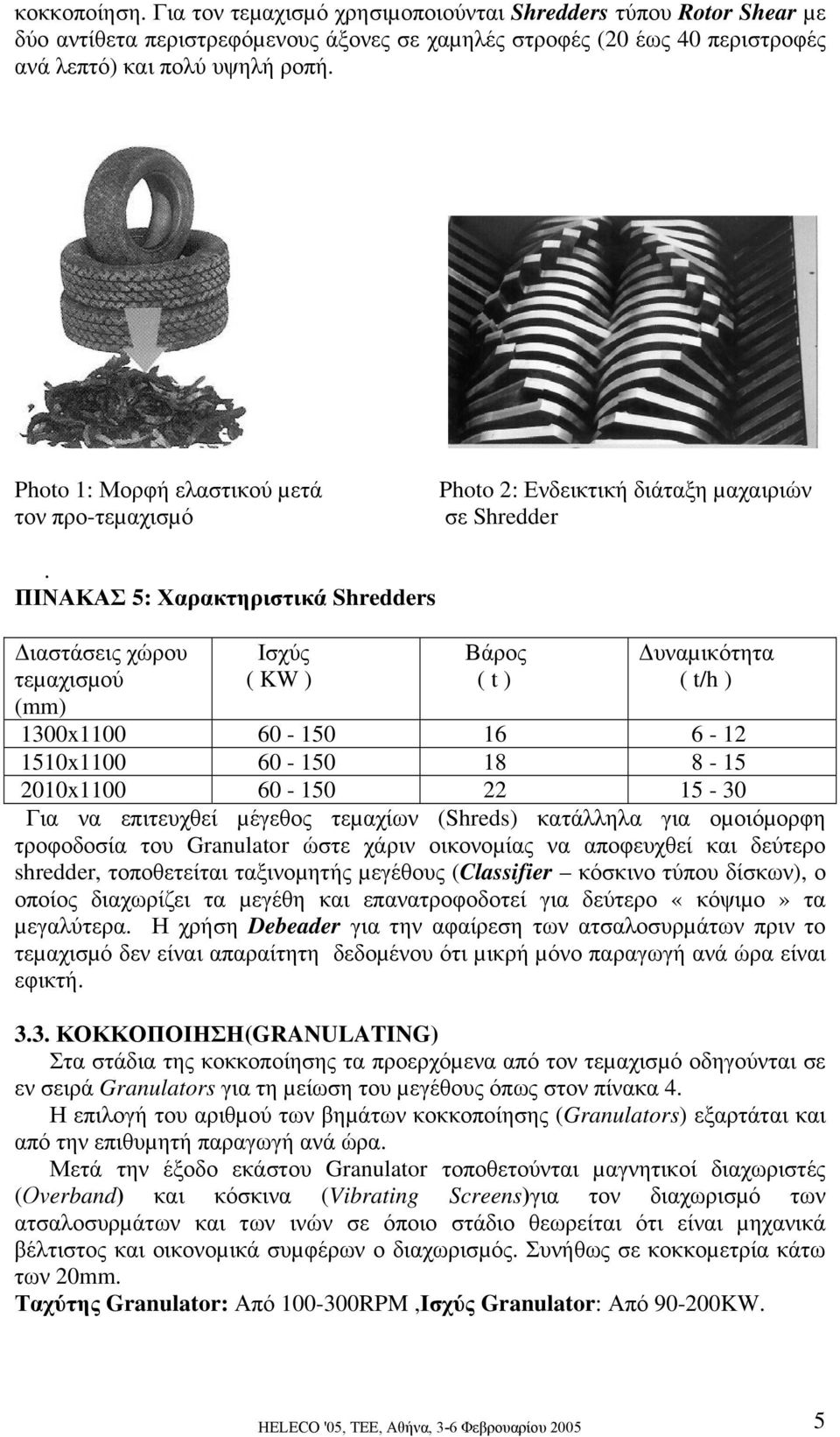 ΠΙΝΑΚΑΣ 5: Χαρακτηριστικά Shredders ιαστάσεις χώρου τεµαχισµού (mm) Ισχύς ( KW ) Βάρος ( t ) υναµικότητα ( t/h ) 1300x1100 60-150 16 6-12 1510x1100 60-150 18 8-15 2010x1100 60-150 22 15-30 Για να
