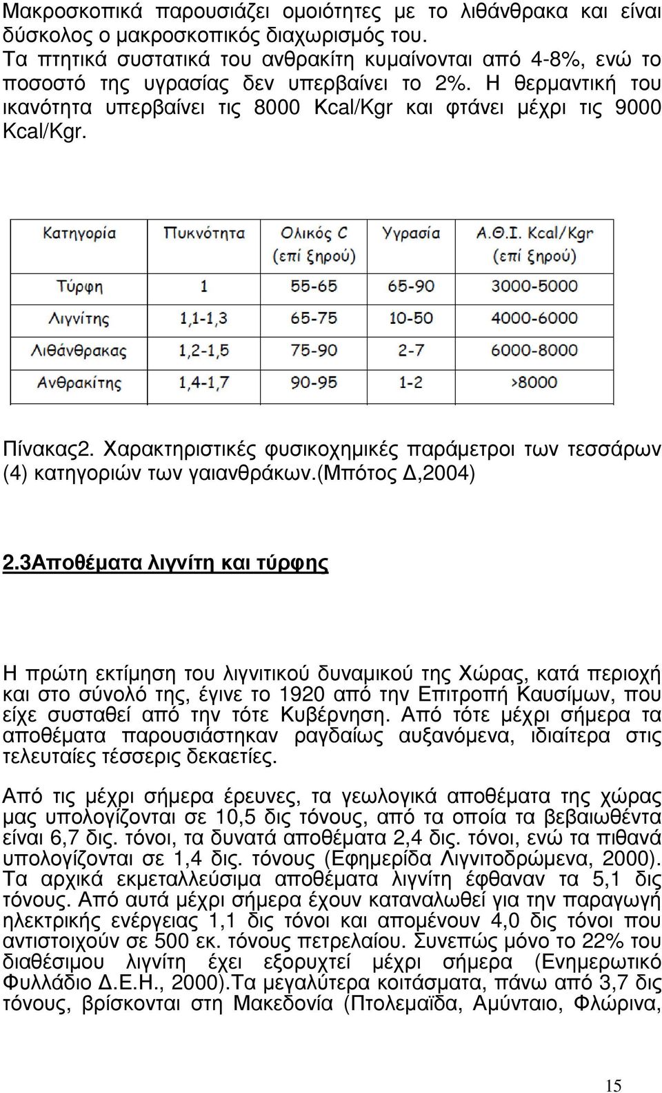 Πίνακας2. Χαρακτηριστικές φυσικοχηµικές παράµετροι των τεσσάρων (4) κατηγοριών των γαιανθράκων.(μπότος,2004) 2.
