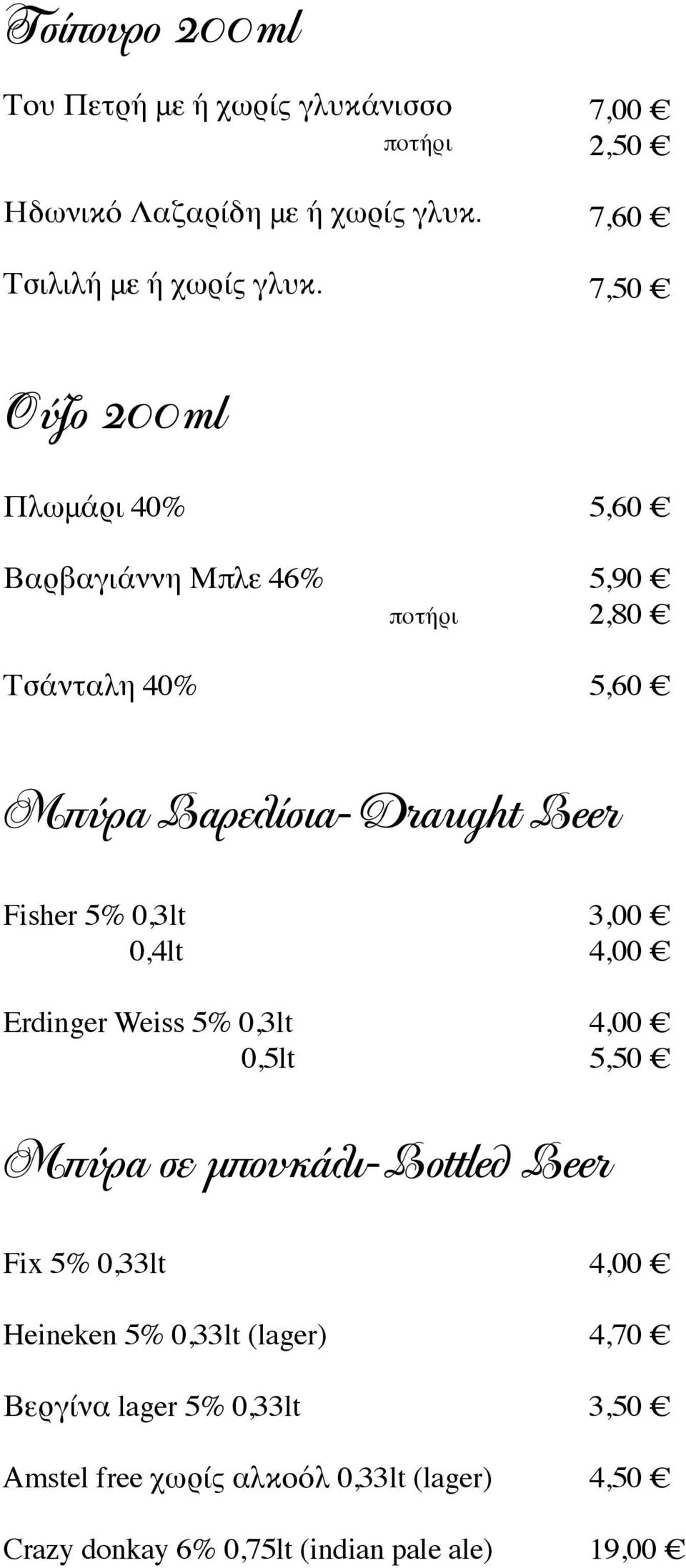 Beer Fisher 5% 0,3lt 0,4lt Erdinger Weiss 5% 0,3lt 0,5lt 3,00 4,00 4,00 5,50 Μπύρα σε μπουκάλι-bottled Beer Fix 5% 0,33lt