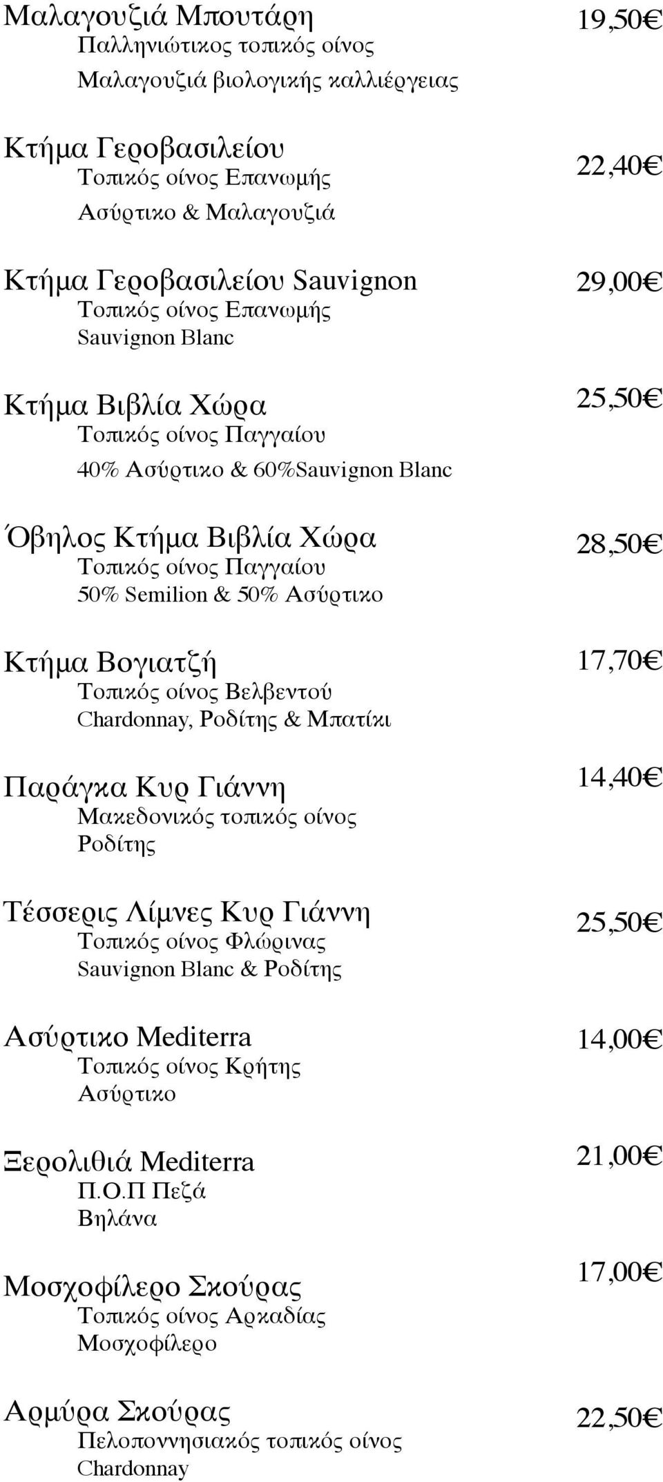 οίνος Βελβεντού Chardonnay, Ροδίτης & Μπατίκι Παράγκα Κυρ Γιάννη Μακεδονικός τοπικός οίνος Ροδίτης Τέσσερις Λίμνες Κυρ Γιάννη Τοπικός οίνος Φλώρινας Sauvignon Blanc & Ροδίτης Ασύρτικο Mediterra