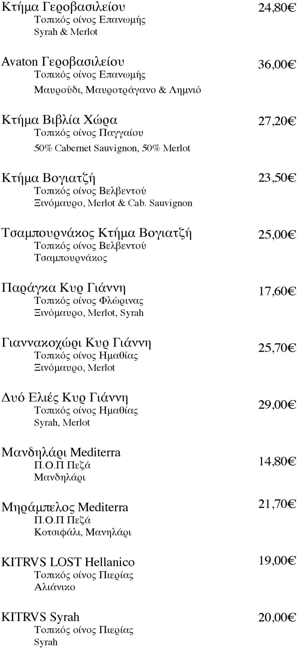 Sauvignon Τσαμπουρνάκος Κτήμα Βογιατζή Τοπικός οίνος Βελβεντού Τσαμπουρνάκος Παράγκα Κυρ Γιάννη Τοπικός οίνος Φλώρινας Ξινόμαυρο, Merlot, Syrah Γιαννακοχώρι Κυρ Γιάννη Τοπικός οίνος Ημαθίας