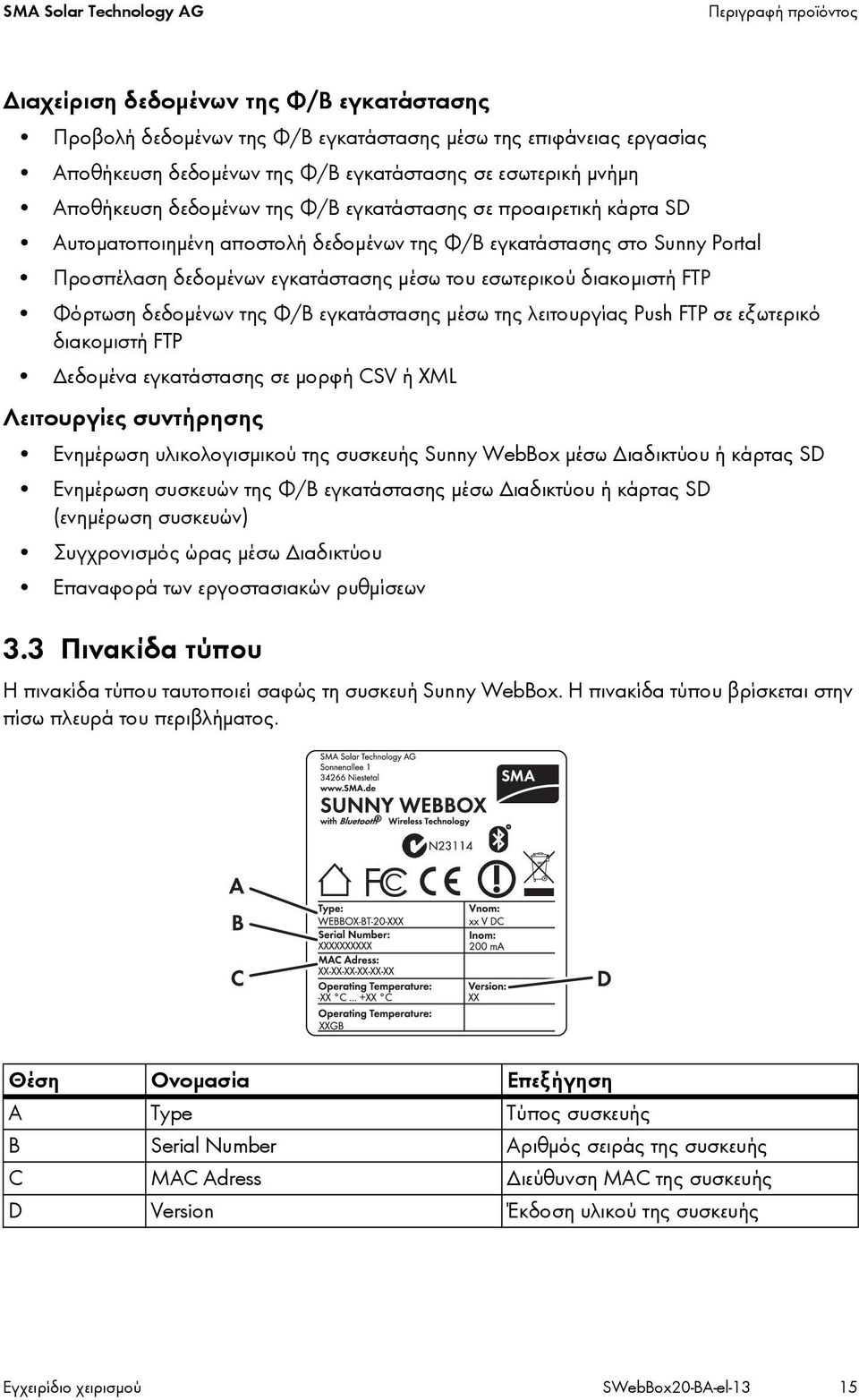 διακομιστή FTP Φόρτωση δεδομένων της Φ/Β εγκατάστασης μέσω της λειτουργίας Push FTP σε εξωτερικό διακομιστή FTP Δεδομένα εγκατάστασης σε μορφή CSV ή XML Λειτουργίες συντήρησης Ενημέρωση
