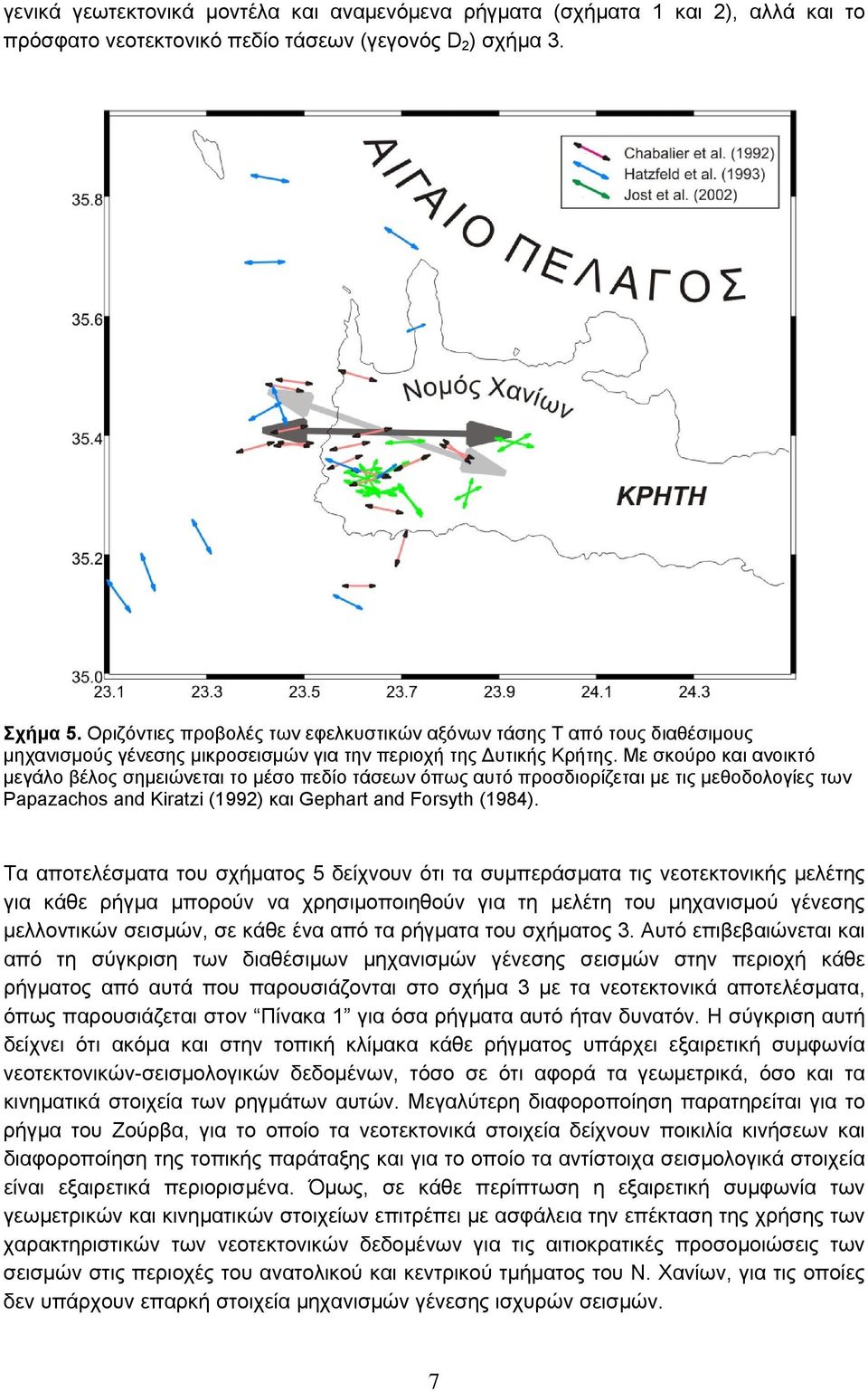 Με σκούρο και ανοικτό μεγάλο βέλος σημειώνεται το μέσο πεδίο τάσεων όπως αυτό προσδιορίζεται με τις μεθοδολογίες των Papazachos and Kiratzi (1992) και Gephart and Forsyth (1984).