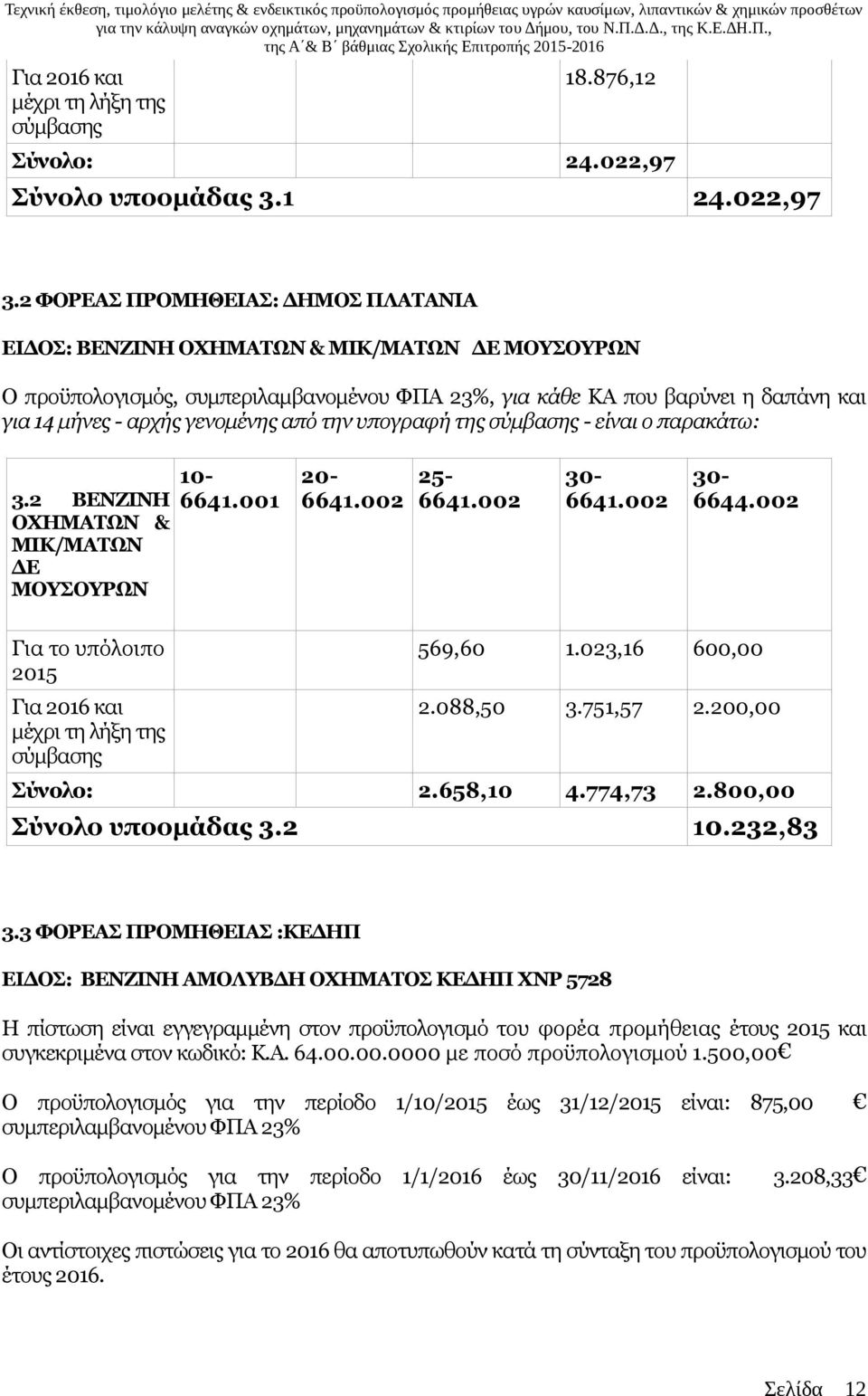 σύμβασης - είναι ο παρακάτω: 3.2 ΒΕΝΖΙΝΗ ΟΧΗΜΑΤΩΝ & ΜΙΚ/ΜΑΤΩΝ ΔΕ ΜΟΥΣΟΥΡΩΝ 10-6641.001 20-25- 30-30- 6644.002 Για το υπόλοιπο 2015 Για 2016 και μέχρι τη λήξη της σύμβασης 569,60 1.023,16 600,00 2.