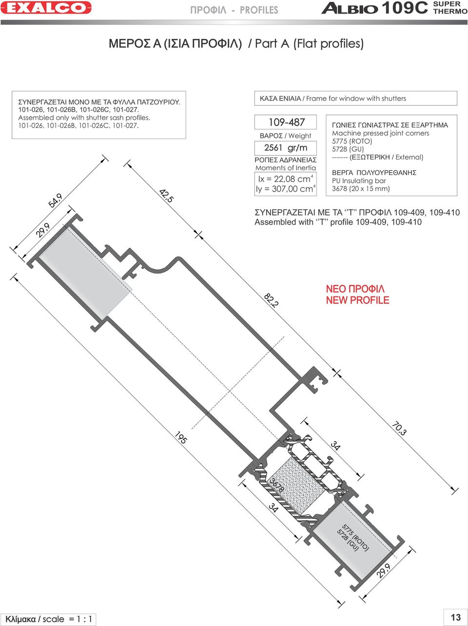 ΚΑΣΑ ΕΝΙΑΙΑ / Frame for window with shutters 109-87 2561 gr/m ΡΟΠΕΣ ΑΔΡΑΝΕΙΑΣ Moments of Inertia Ix = 22,08 cm Iy = 307,00 cm ΓΩΝΙΕΣ ΓΩΝΙΑΣΤΡΑΣ ΣΕ ΕΞΑΡΤΗΜΑ Machine