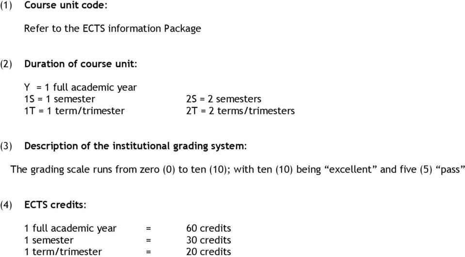institutional grading system: The grading scale runs from zero (0) to ten (10); with ten (10) being excellent