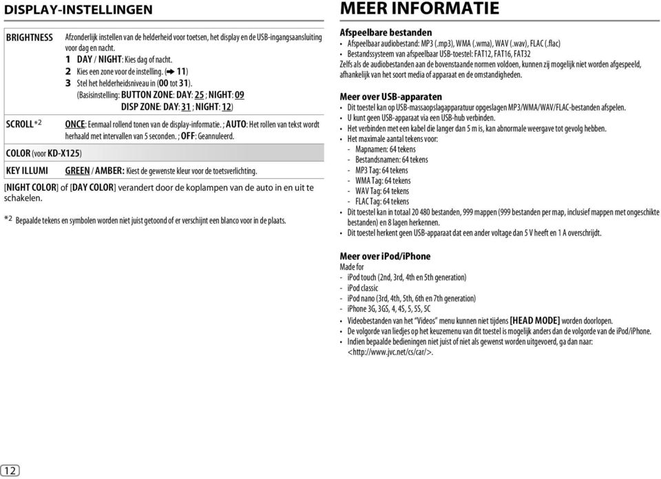 (Basisinstelling: BUTTON ZONE: DAY: 25 ; NIGHT: 09 DISP ZONE: DAY: 31 ; NIGHT: 12) SCROLL * 2 ONCE: Eenmaal rollend tonen van de display-informatie.