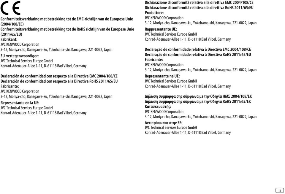 Bad Vilbel, Germany Declaración de conformidad con respecto a la Directiva EMC 2004/108/CE Declaración de conformidad con respecto a la Directiva RoHS 2011/65/EU Fabricante: JVC KENWOOD Corporation