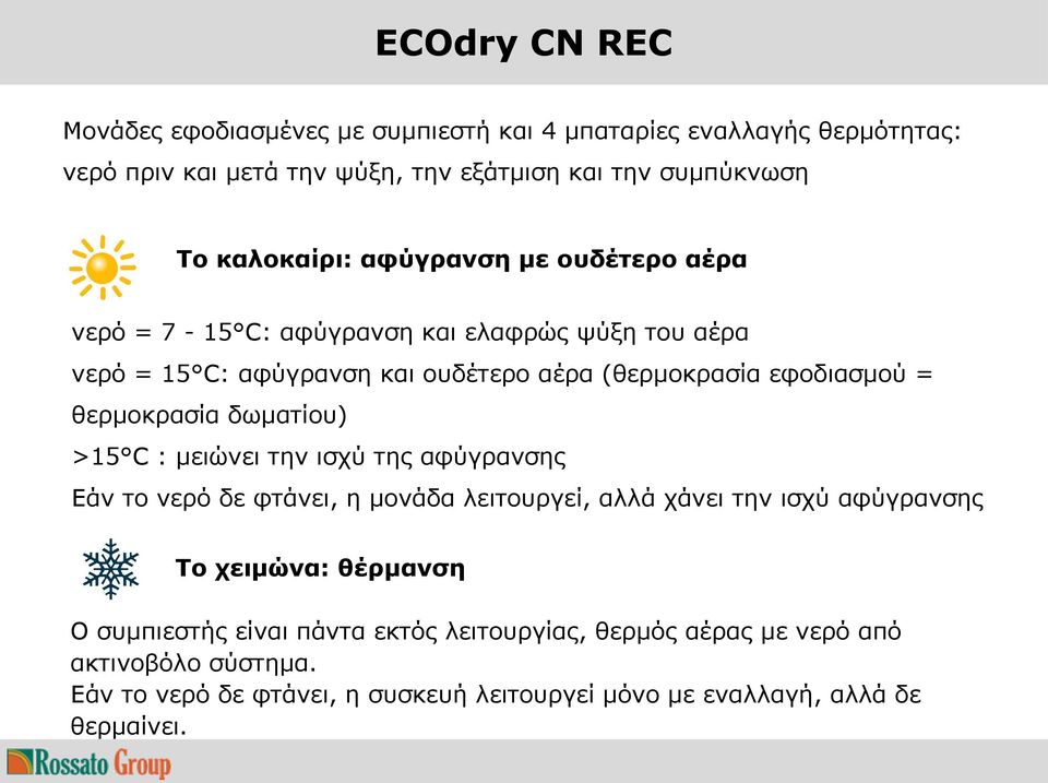 θερμοκρασία δωματίου) >15 C : μειώνει την ισχύ της αφύγρανσης Εάν το νερό δε φτάνει, η μονάδα λειτουργεί, αλλά χάνει την ισχύ αφύγρανσης Το χειμώνα: θέρμανση