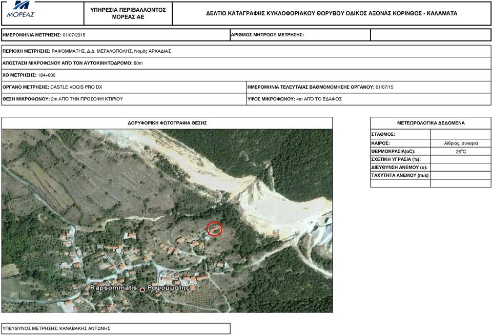 . ΜΕΓΑΛΟΠΟΛΗΣ, Νοµός ΑΡΚΑ ΙΑΣ ΑΠΟΣΤΑΣΗ ΜΙΚΡΟΦΩΝΟΥ ΑΠΌ ΤΟΝ ΑΥΤΟΚΙΝΗΤΟ ΡΟΜΟ: 8m ΧΘ ΜΕΤΡΗΣΗΣ: 184+ ΟΡΓΑΝΟ ΜΕΤΡΗΣΗΣ: CASTLE VOCIS PRO DX ΘΕΣΗ ΜΙΚΡΟΦΩΝΟΥ: 2m ΑΠΌ