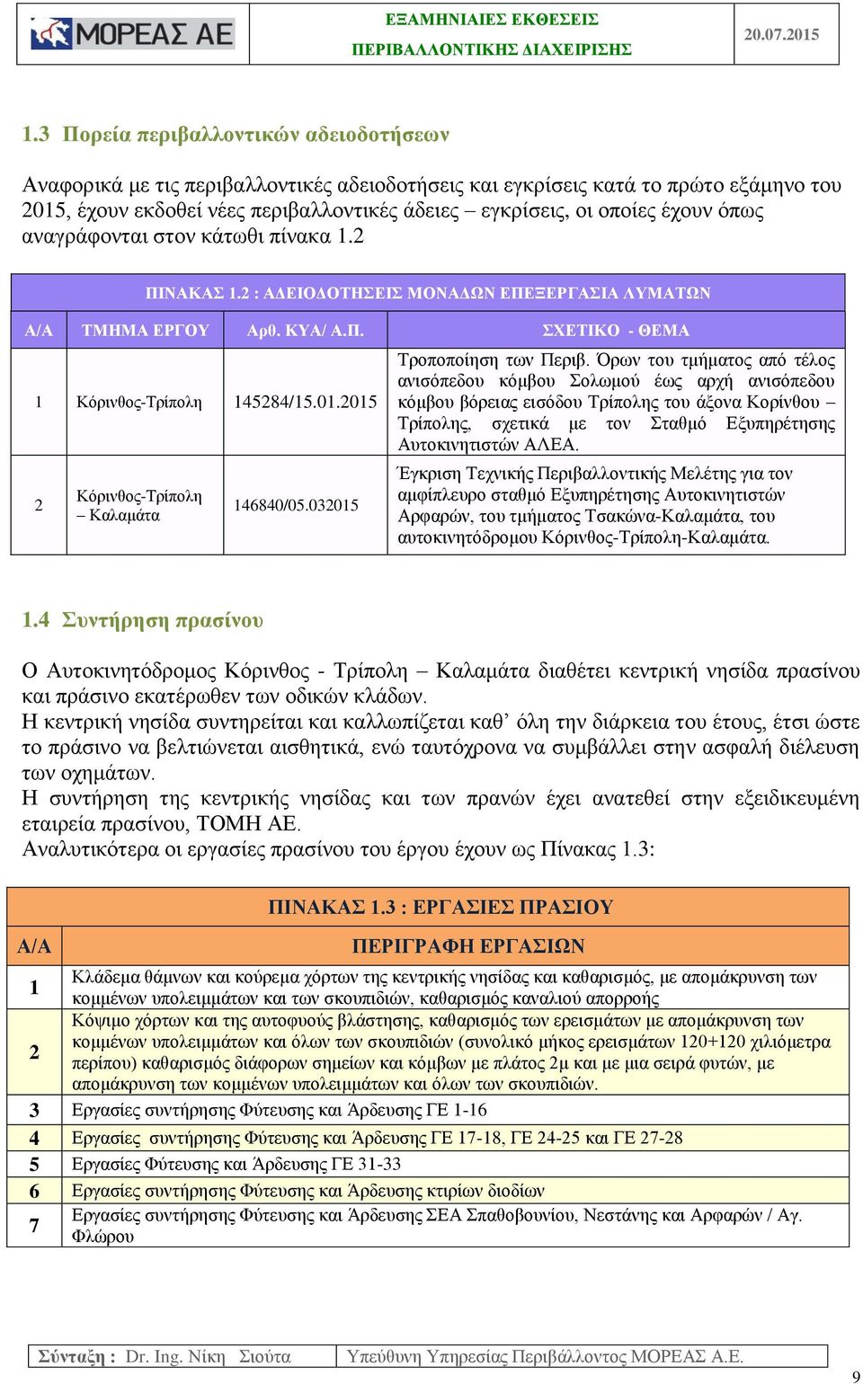 όπως αναγράφονται στον κάτωθι πίνακα 1.2 ΠΙΝΑΚΑΣ 1.2 : ΑΔΕΙΟΔΟΤΗΣΕΙΣ ΜΟΝΑΔΩΝ ΕΠΕΞΕΡΓΑΣΙΑ ΛΥΜΑΤΩΝ Α/Α ΤΜΗΜΑ ΕΡΓΟΥ Αρθ. ΚΥΑ/ Α.Π. ΣΧΕΤΙΚΟ - ΘΕΜΑ 1 Κόρινθος-Τρίπολη 1284/15.1.215 2 Κόρινθος-Τρίπολη Καλαμάτα 1468/5.