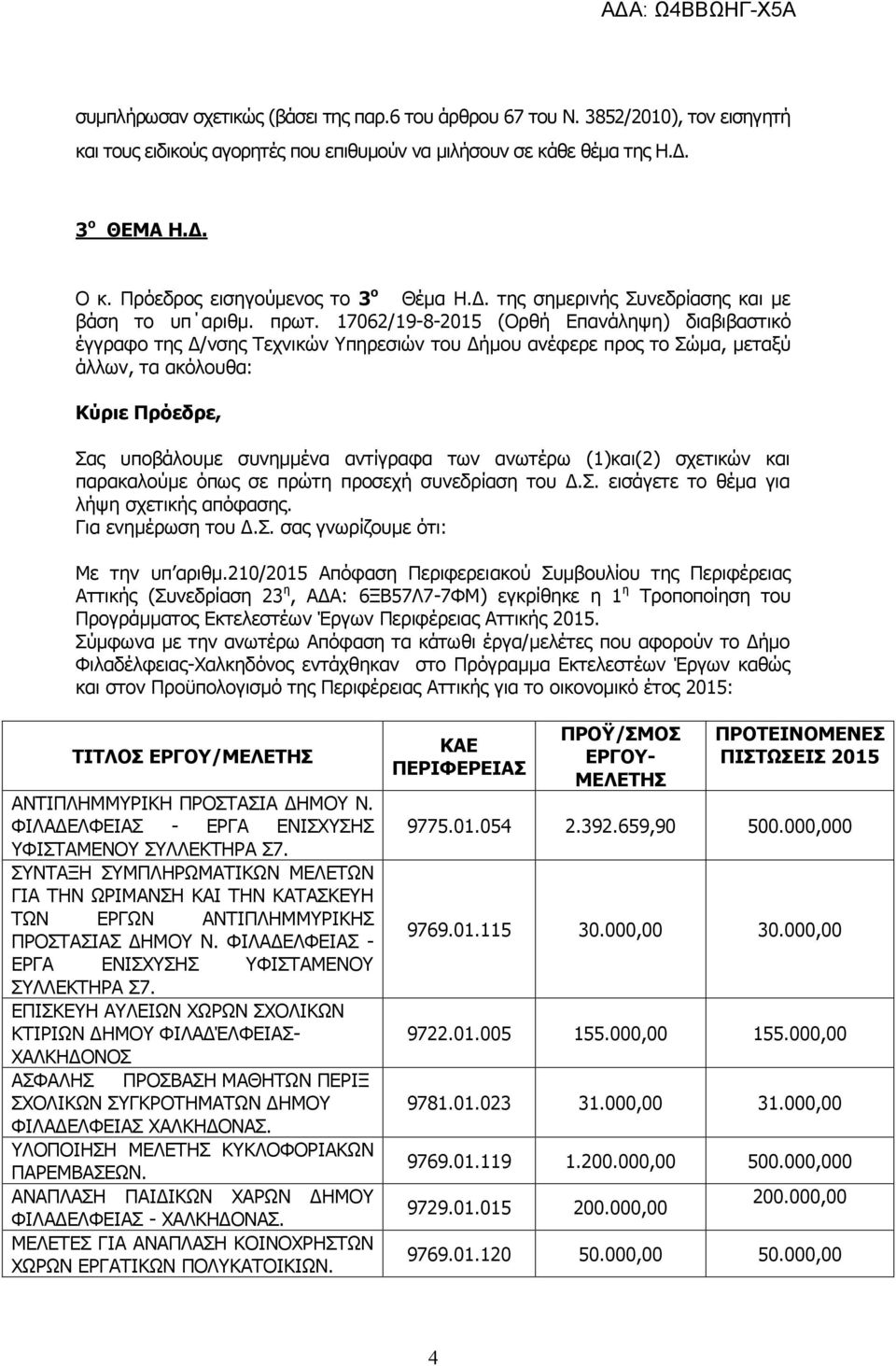 17062/19-8-2015 (Ορθή Επανάληψη) διαβιβαστικό έγγραφο της Δ/νσης Τεχνικών Υπηρεσιών του Δήμου ανέφερε προς το Σώμα, μεταξύ άλλων, τα ακόλουθα: Κύριε Πρόεδρε, Σας υποβάλουμε συνημμένα αντίγραφα των