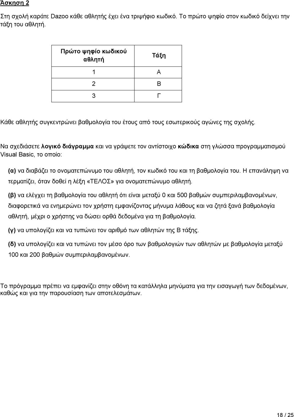 Να σχεδιάσετε λογικό διάγραμμα και να γράψετε τον αντίστοιχο κώδικα στη γλώσσα προγραμματισμού Visual Basic, το οποίο: (α) να διαβάζει το ονοματεπώνυμο του αθλητή, τον κωδικό του και τη βαθμολογία