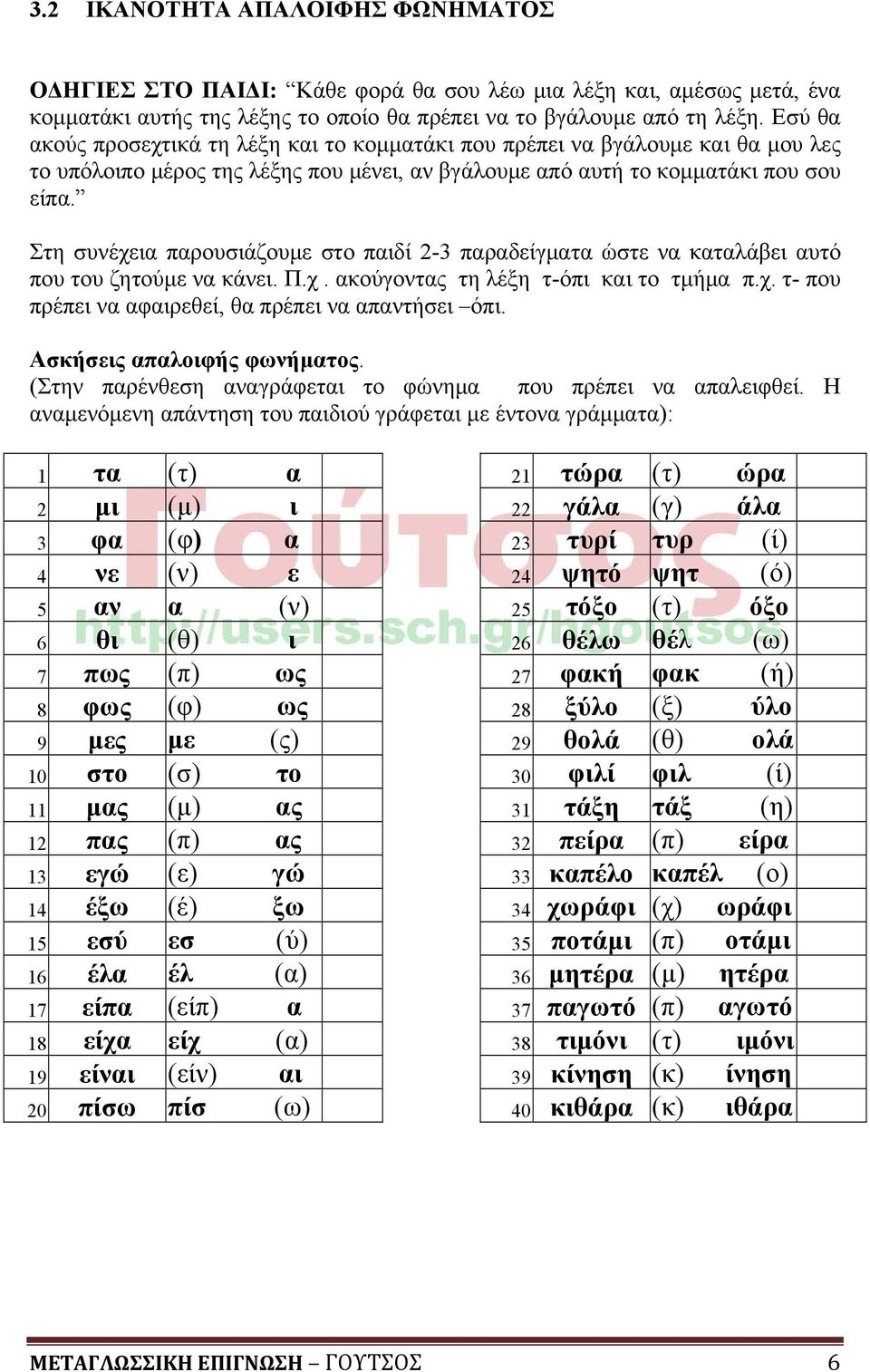 Στη συνέχεια παρουσιάζουμε στο παιδί 2-3 παραδείγματα ώστε να καταλάβει αυτό που του ζητούμε να κάνει. Π.χ. ακούγοντας τη λέξη τ-όπι και το τμήμα π.χ. τ- που πρέπει να αφαιρεθεί, θα πρέπει να απαντήσει όπι.