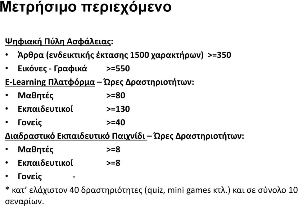 >=130 Γονείς >=40 Διαδραστικό Εκπαιδευτικό Παιχνίδι Ώρες Δραστηριοτήτων: Μαθητές >=8